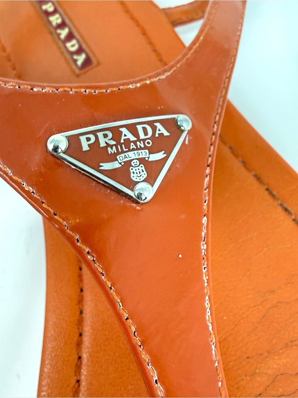 PRADA Triangle Logo Patent Leather Thong Sandals Arancio Orange-Red Size 41 US10 - Picture 3 of 16